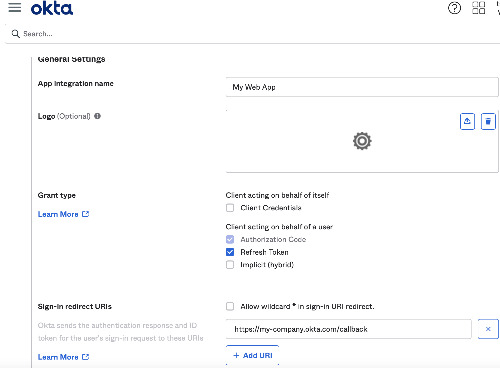 Okta screenshot with Grant types